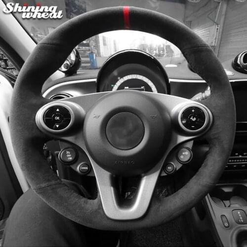 Shining wheat Black Suede Hand Sew Car Steering Wheel Cover for Smart New Fortwo Forfour 2015-2017