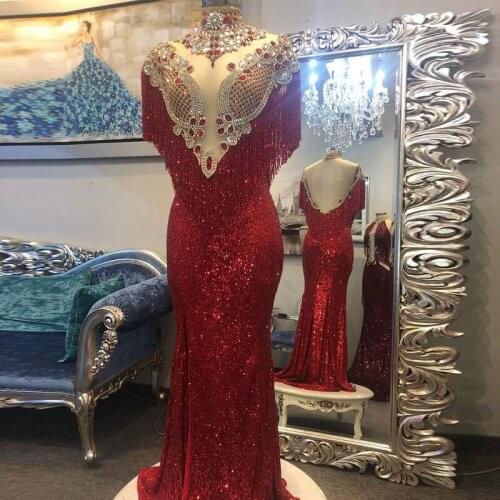 Sparkly Red Sequined Mermaid Evening Dresses High Collar Tassel Beading Crystal Evening Gown Open Back Long Celebrity Dress