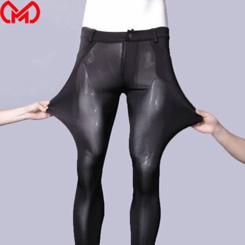 Men Sheer Pencil Pants Ice Silk Shiny See Through Sexy Tight Trousers Fashion Pencil Pants Erotic Lingerie Gay Wear Plus Size F1