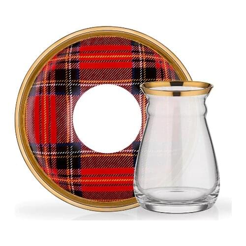 Nihavent Plaid Red 6'Lı Tea Set modern design glass strip gilded color plates stylish presentation