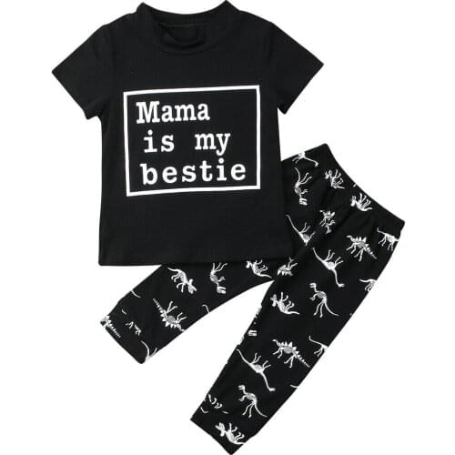 Newborn Kids Baby Boys Short Sleeves Black Bestie Tops T-shirt Dinosaur Pants 2Pcs Outfits Summer Casual Clothes