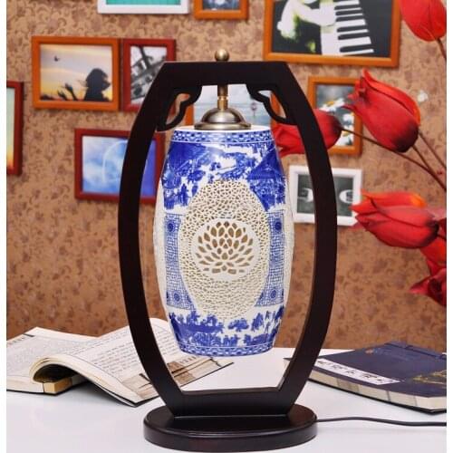 Jingdezhen Blue And White Porcelain Carving Hollowed Out Modern Creative Living Room Bedroom Bedside Decorative Table Lamp
