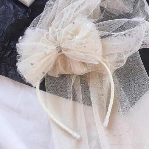 Beige Pink Mesh Long Veil Crown Princess Headband For Girl Headwear Hair Hoop For Birthday Party Decoration Christmas Halloween