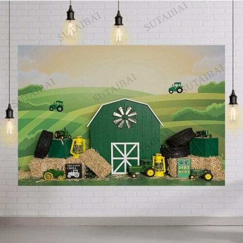 Green Tractor Farm Theme Photography Backdrop Boy 1st Birthday Background Farm Balloon Bunting Party Decoration Banner