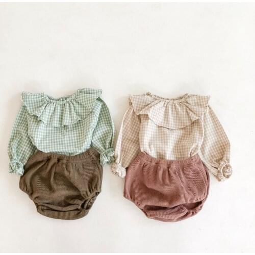 Baby Girl Clothes Set Spring Cotton Casual Plaid Ruffles Blouse Tops+shorts for 0-24M Autumn Baby Outfits Baby Girls Clothes