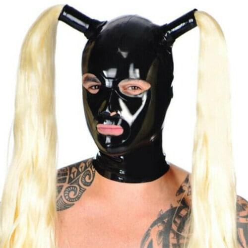 Latex Hood with Blond Wigs Golden Pigtails Rubber Mask Cosplay Club Wear Costume adult toys