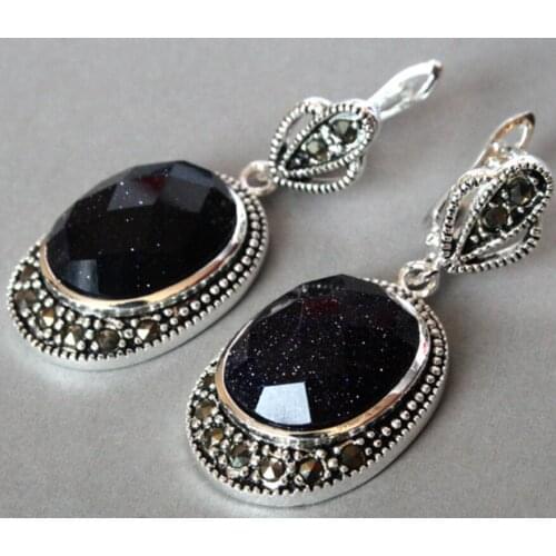 Hot Sell Vintage 925 Silver Jewelry Natural Blue Sand Marcasite Earrings 11/2"