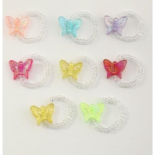 2021 Korean Fashion Colorful Transparent Butterfly Beads Elastic Rings Set Candy Color Finger Ring Jewellry for Women Kid Girls