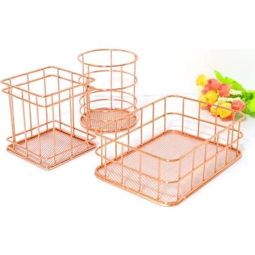 Rose Gold Iron Art Nordic Makeup Organizer Basket Eyeliner Brush Set Storage Cup Dressing Table Makeup Cosmetic Organizer Box