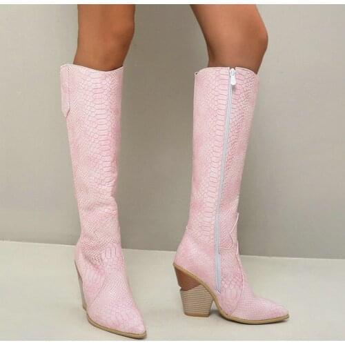 2020 Brand Design Women Western Boots Wedge High Heel Women Knee High Boots Fashion Pointed Toe Ladies Zipper Boots Big Size 43