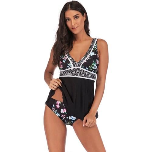 Big Size Women Two Piece Swimsuit Padded Push Up Floral Print Tankini Set Swimwear Deep V Swim Dress Bathing Skirt Beachwear 5XL