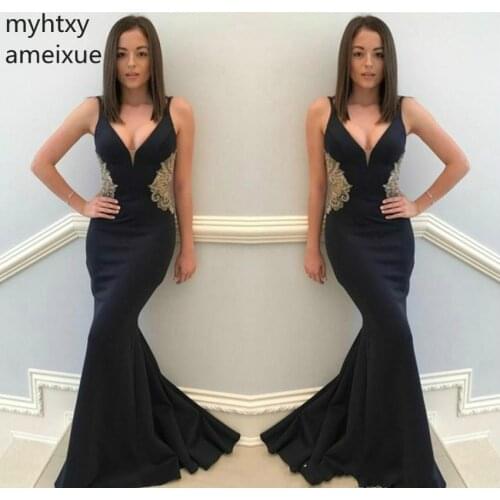 2020 Gold Sexy Black Prom Dresses Mermaid Cheap Deep V Neck Wear Evening Party Gowns Custom Made Plus Size Prom Dress Elegant