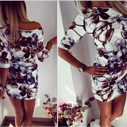 Women Sexy Off Shoulder Dress Female Summer Slash Neck Foral Print Dress Fashion Half Sleeve Slim Dress New