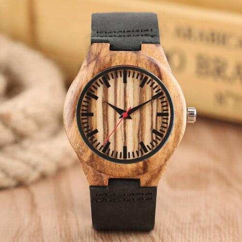 Wood Watches Minimalist Mens Natural Bamboo Clock Women Red Analog Quartz Watch Genuine Leather Bangle Gifts relogio de Madeira