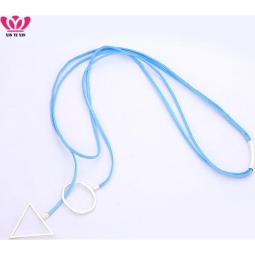 Blue Leather Long Necklace Elegant Simple Color Triangle and Round Pendant Necklace For Women Fashion Jewelry Dropshipping