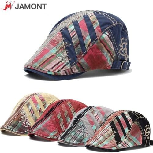 JAMONT Adjustable Spring Summer Beret Caps Outdoor Sun Breathable Bone Brim Hats Womens Mens Herringbone Plaid Flat Berets Hat