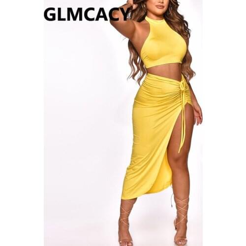 Two Piece Sexy Party Suits Sleeveless Crop Top & Slit Midi Skirt Set