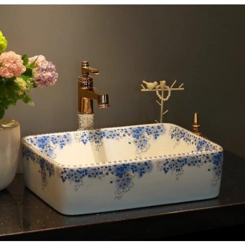 Rectangular shape porcelain flower painted beautiful wash sink