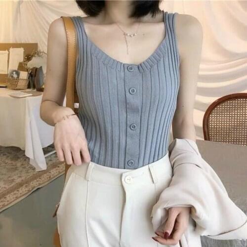 Tanks Women Top Knitwear Solid Button Strappy Camisole Crop Tops Leisure Loose Summer Street Style Tank Summer Clothes for Women