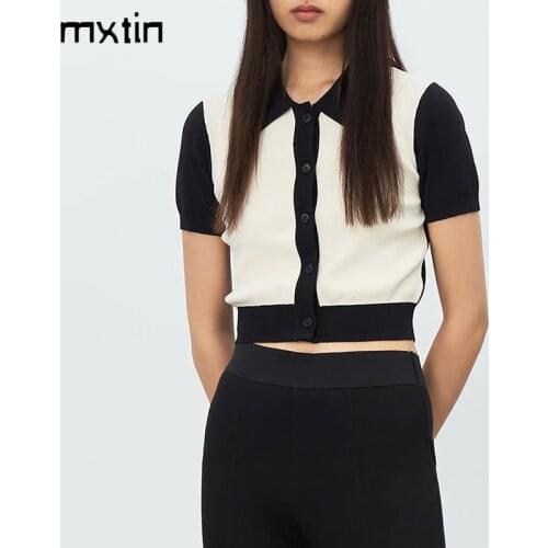 MXTIN 2021 Women Summer Vintage Patchwork knitted Cropped POLO Shirt Fashion Turn-down Collar Short Sleeve Casual Slim Chic Tops