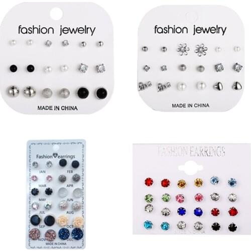 2020 Fashion Crystal Heart Bead Stud Earrings Set For Women Geometric Flower Bowknot Pearl Earring Statement Party Jewelry Gift