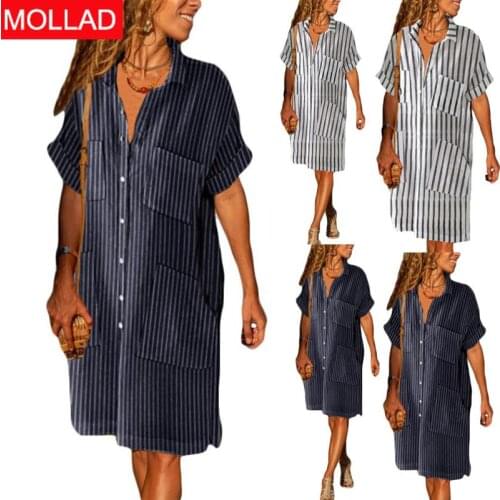 2021 Europe and America New Womens Clothing Cotton and Linen Striped Blouse Short Sleeve Dress