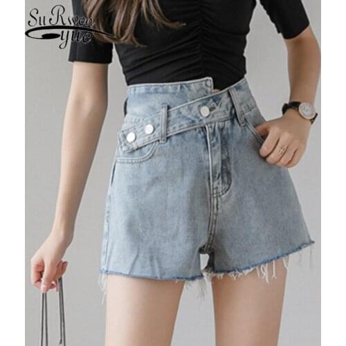 2021 Summer New Wide Leg Vintage Irregular Shorts Female Simple High Waist Shorts Women Blue Jean Denim Shorts for Women 8942 50