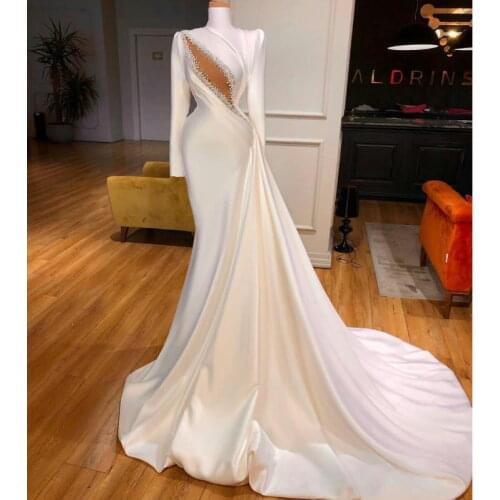 New Long Sleeve Evening Dresses High Neck Satin Ruffled Beaded Bridal Receiption Gowns Custom Made High Neck Mermaid Prom Dress