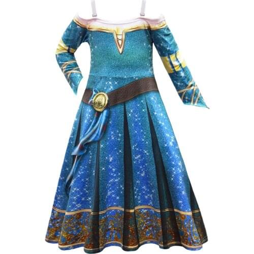Girls Merida Princess Dress Costume Brave Deluxe Halloween Fancy Frocks Dark Green Children Party Clothes