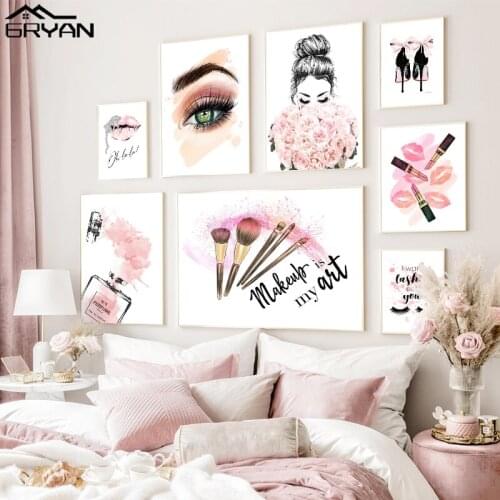 Sexy Lip Big Eye Poster Woman Flower Makeup Brushes Art Picture High Heels Perfume Lipstick Canvas Prints Fashion Wall Painting