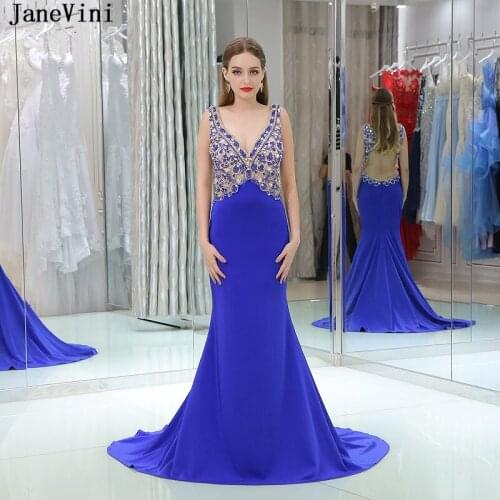 JaneVini Sexy Deep V Neck Royal Blue Long Mermaid Bridesmaid Dresses Crystal Beaded Backless Dubai Arab Satin Formal Party Gowns