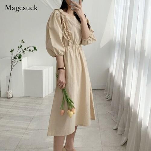 Sweet Chic 2021 Summer Women Dress Solid Cotton Bubble Sleeve Sqaure Neck Dress French Women Fashion Party Dress Vestidos 13959