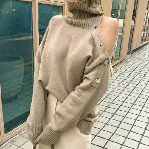 New Women Sexy Strapless Sweater Spring Autumn Solid Korean Turtleneck Sweater Fashion Ladies Elegant Pullover Tops