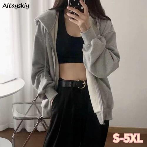 Hoodies Women Simple Solid Gray Plus Size 5XL Loose Hooded Sweatshirts with Velvet Female Autumn Cozy Front Pocket Ins Leidsure