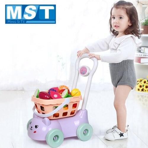 Groceries Toys Supermarket Shopping Carts Handcart Trolley Basket With Fruits Baby Games Kitchen Pretend Play Toys For Girls