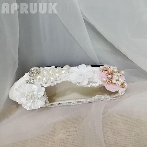 White pink flower womens lace flats shoes for wedding party bridal ladies dancing ceremony performance unique design fairy flats