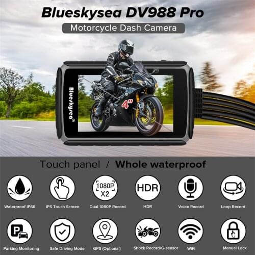 Blueskysea DV988 Pro Motorcycle WIFI Dash Cam HD 1080 Camera with 4'' IPS Touch Screen Waterproof IP66 Loop Recording + 32GB