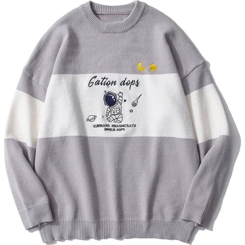 LACIBLE Vintage Astronaut Pattern Color Block Sweater Pullover Streetwear Knitted Sweater Hip Hop Streetwear Retro Autu