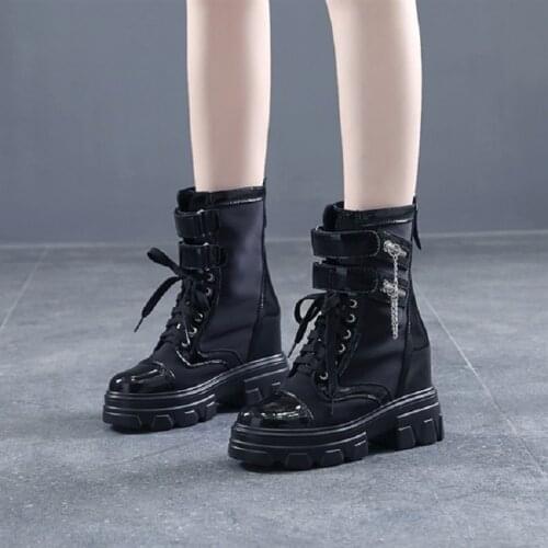 Spring Autumn New Slim Platform Height Increasing Wedges Chic Metal Chain Genuine Leather Women Half Mid-Calf Equestrian Boots