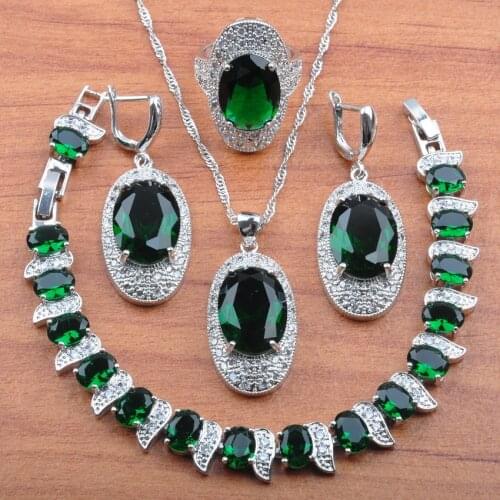 Luxury Fashion Trendy Silver Color Oval Natural Stones CZ Green Jewelry Sets For Women And Independent Gift Box JS0300