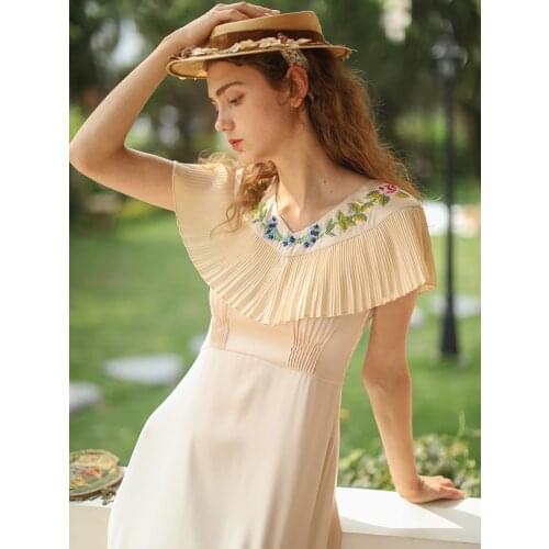 Dress For Women Summer Sweet Elegant Slim Pastel Apricot French Style Exquisite Handmade Beading Embroidery Pleated Dresses