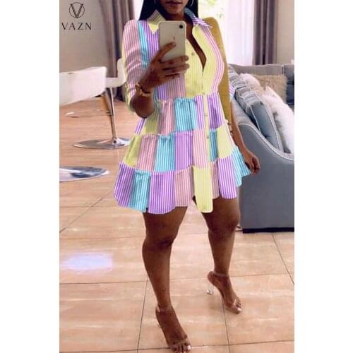 VAZN 2021 Autumn Fresh Striped Patchwork Shirt Chiffon Dress Daily Young Sweet Free Full Sleeve Nature Young Vestidos For Female