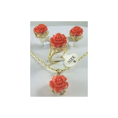 Free shipping>>> beautiful gold plate rose coral flower Pendant Earring Ring set AAA style 100% Natural stone Noble Fine jewe