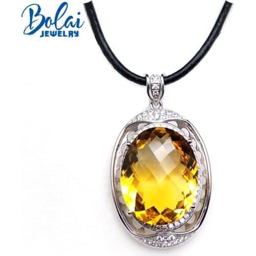 Bolaijewelry,natural big size 17ct checkerboard cutting good luster citrine pendant with leather chord necklace 925 silver women