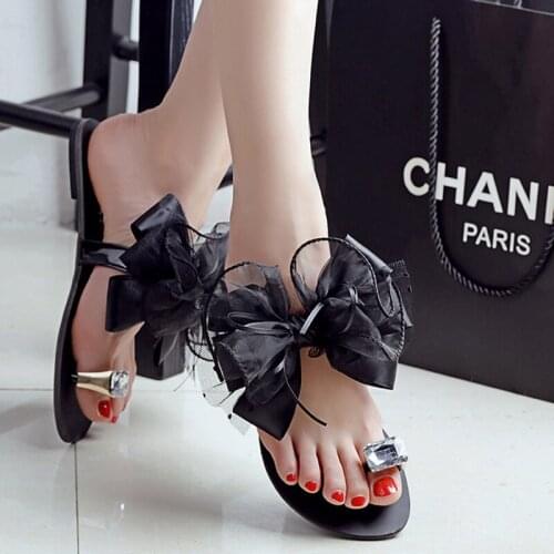 Large lace bowknot slippers crystal clip toe summer women slides brand mesh bowtie soft sole beach shoes cozy plus size flipflop