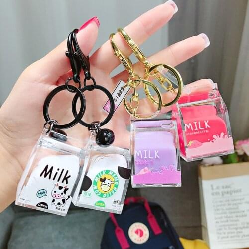 Creative Dairy Cow Milk Drinks acrylic Keychain Fruit Milk Moving Liquid Keyrings decompression drift bottle Jewelry Kids Gifts