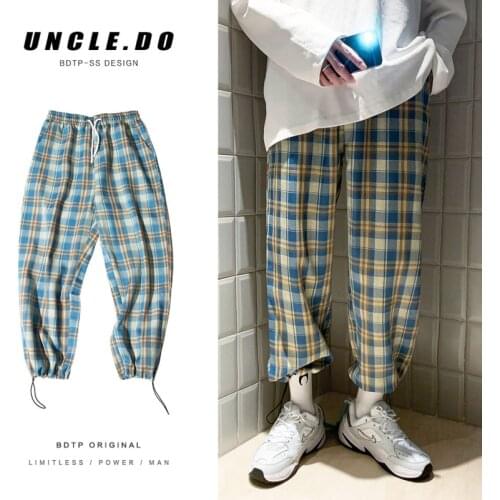 Autumn Plaid Pants Mens Fashion Retro Drawstring Casual Pants Men Streetwear Wild Loose Hip-hop Straight Trousers Mens M-5XL