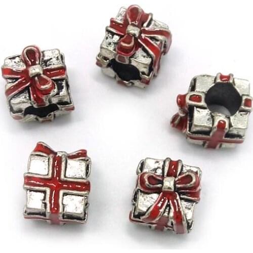 Free Shipping 50pcs 11x9x9mm new red plated antique silver plated alloy big hole beads gift box charms fit European bracelet DIY