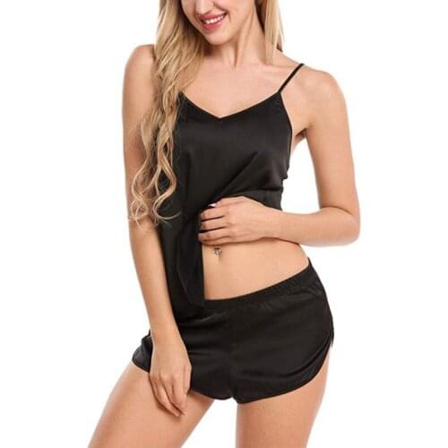 Ladies Sexy V-neck Camisole Sleeveless Solid Color Pajama Set Sleepwear