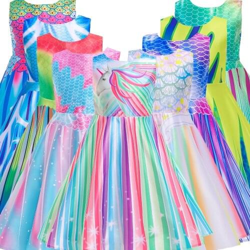 Colorful Little Mermaid Shell Girls Flower Print White Dresses Kids Summer Beach Princess Dress Children Party Pageant Costume